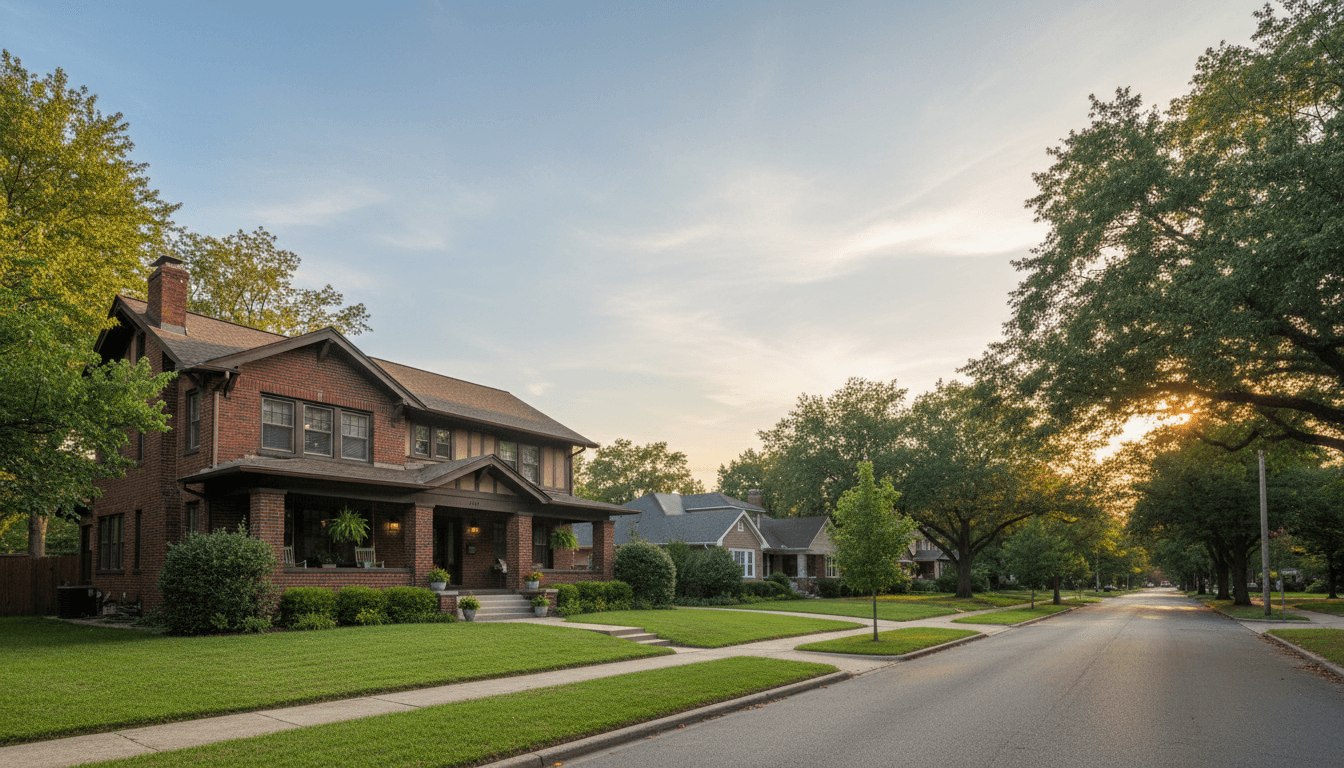 A peaceful suburban house bathed in golden hour light, suggesting a fresh start and a smooth transition.