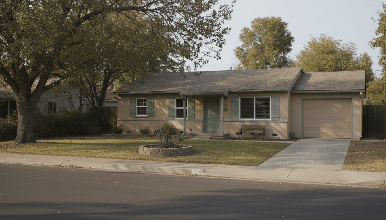 Beige house with front yard and driveway, single-story residential home in quiet neighborhood