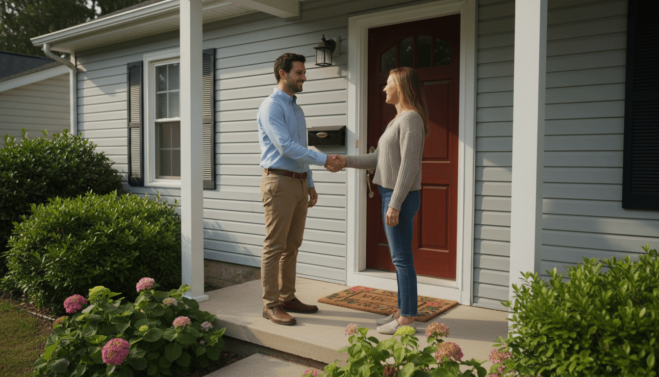 A homeowner shaking hands with an Otisette representative on a sunlit front porch